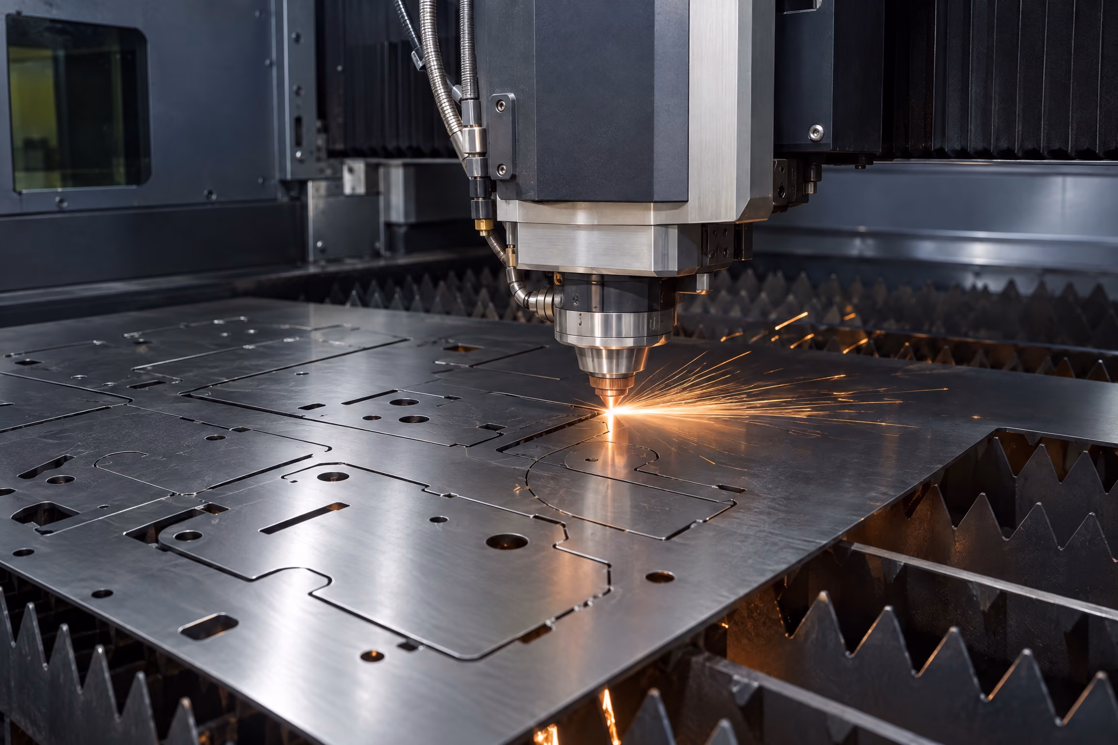 Illustrative fiber laser cutting a steel sheet